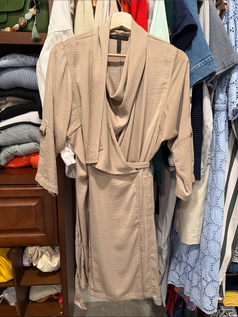 Golden Taupe BCBG Wrap Dress with Draped Neckline